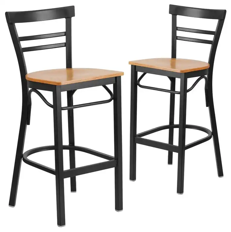 2 Pk. Black Ladder Back Metal Restaurant Barstool - Natural Wood Seat