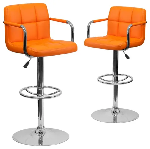 2 Pk. Orange Quilted Vinyl Adjustable Height Barstool with Arms and Chrome Base