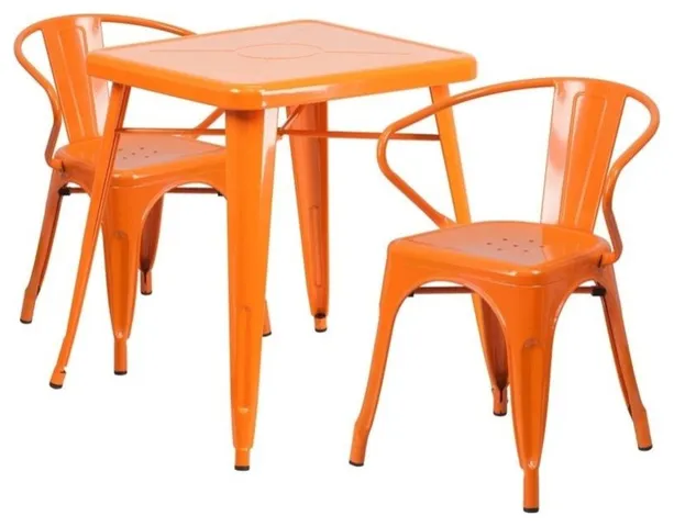 23.75" Square Orange Metal Indoor-Outdoor Table Set With 2-Arm Chairs