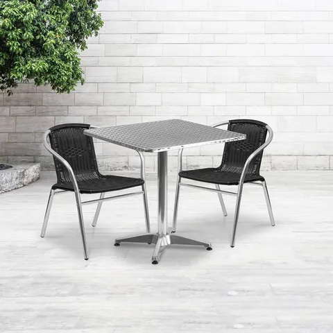 27.5" Square Aluminum Indoor-Outdoor Table With 2 Black Rattan Chairs