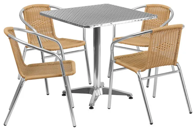 27.5" Square Aluminum Indoor Outdoor Table With 4 Beige Rattan Chairs