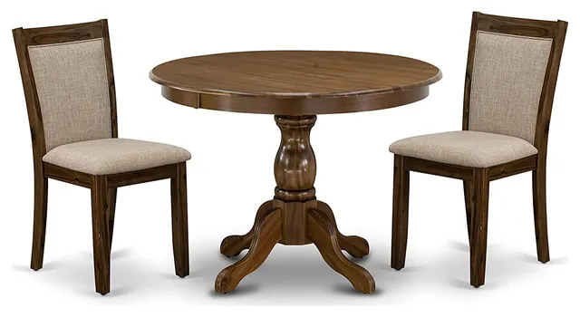 3 Piece Dining Set with Modern Table and Linen Cushioned Upholstered Chairs, Walnut