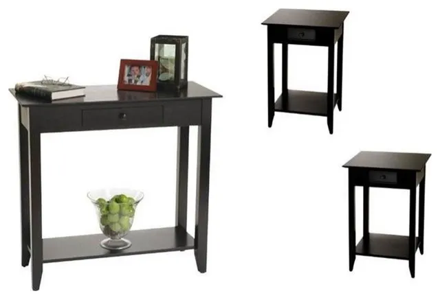 3 Piece Living Room Table Set with Hall Table and (Set of 2) End Tables in Black