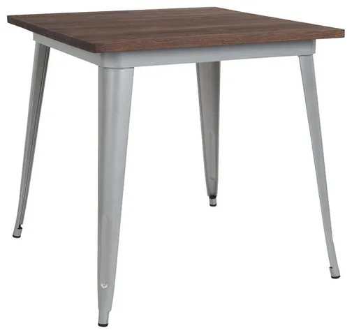 31.5" Square Silver Metal Indoor Table with Walnut Rustic Wood Top