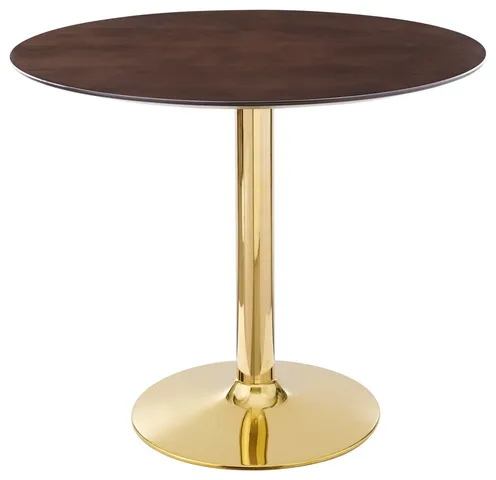 35" Dining Table, Round, Gold Walnut, Metal, Modern Cafe Bistro Hospitality