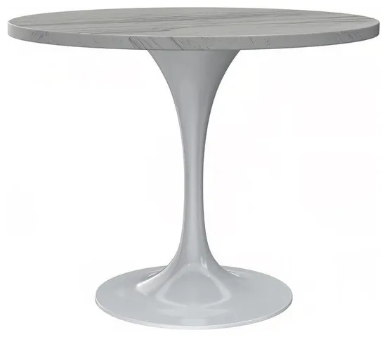 36 Round Dining Table, White Base with Laminated White Marbleized Top