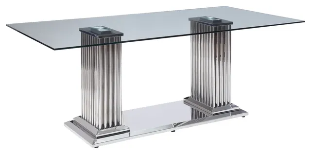 39" X 79" X 30" Stainless Steel Clear Glass Mirror Dining Table wDouble Pedestal