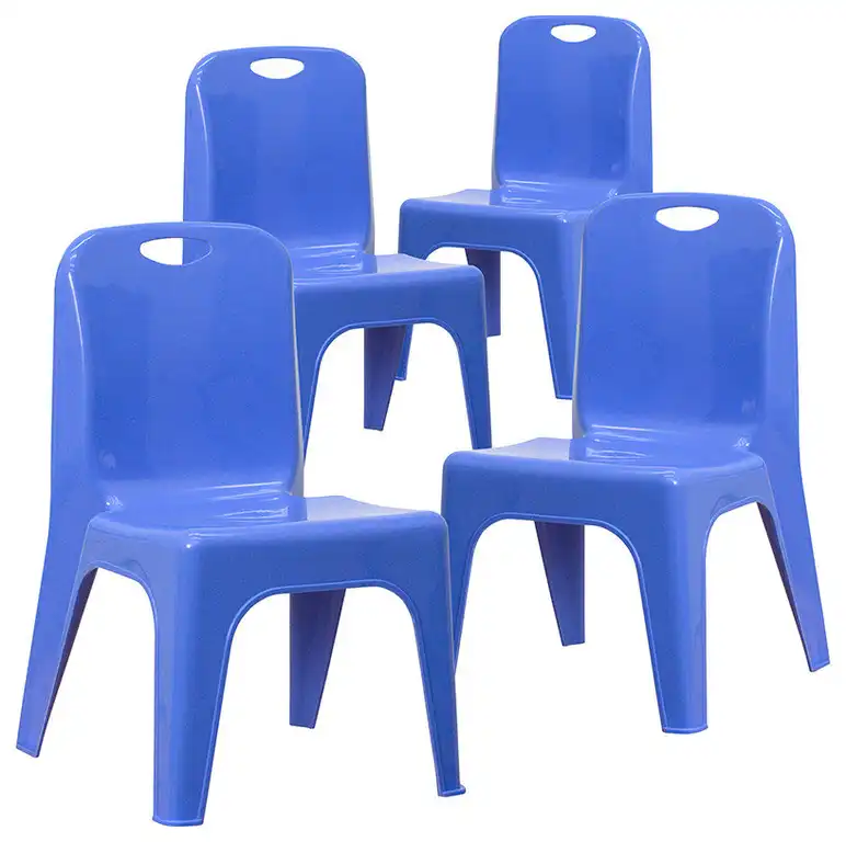4 Pack Plastic Stackable Chair With Carrying Handle, 11" Seat Height, Blue