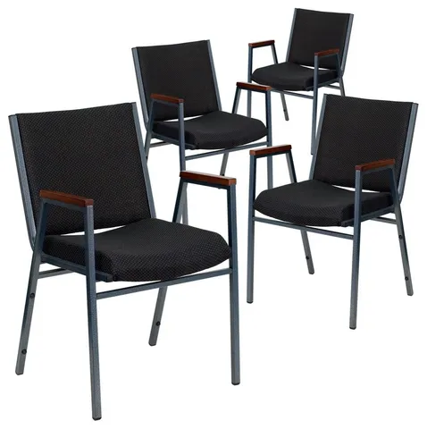 4 Pk. 3'' Thickly Padded, Black Patterned Upholstered Stack Chair with Arms