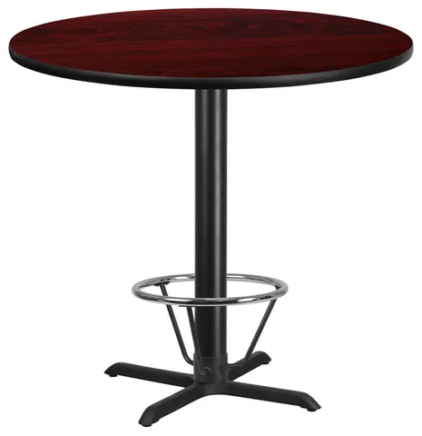 42'' Round Mahogany Laminate Table Top,33''x33'' Bar Height Table Base,Foot Ring