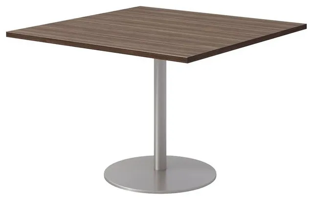 42" Square Pedestal Table - Studio Teak Top - Silver Base
