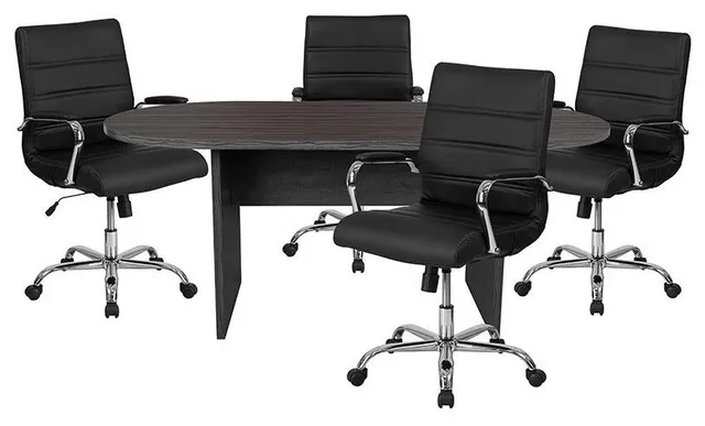 5 Piece Rustic Gray Oval Conference Table Set with 4 Black and Chrome...