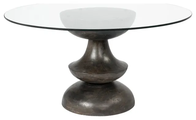 60" Clear Brown Rounded Glass Solid Manufactured Wood Pedestal Base Dining Table