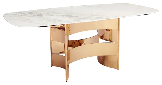 87" White Marble Dining Table, Hollywood Regency Glam Luxe Copper Rosegold Table