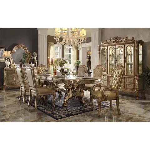 ACME Dresden Wooden Trestle Dining Table with 2 Leaves in Gold Patina and Bone