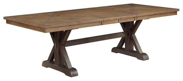 Acme Pascaline Dining Table Gray Fabric Rustic Brown and Oak Finish
