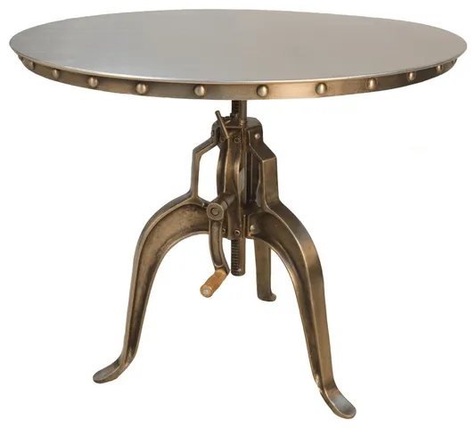 Adjustable Height Antiqued Nickel Three Leg Base Round Top Dining Table