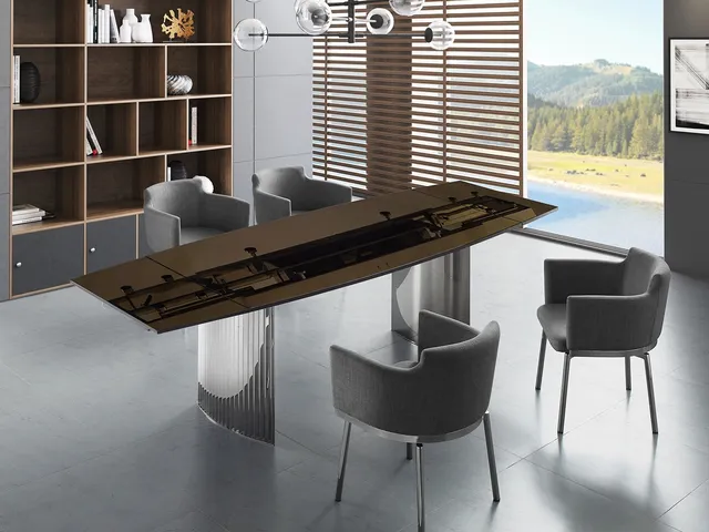 Allegra Manual Dining Table with Stainless Steel Base and Smoked Top