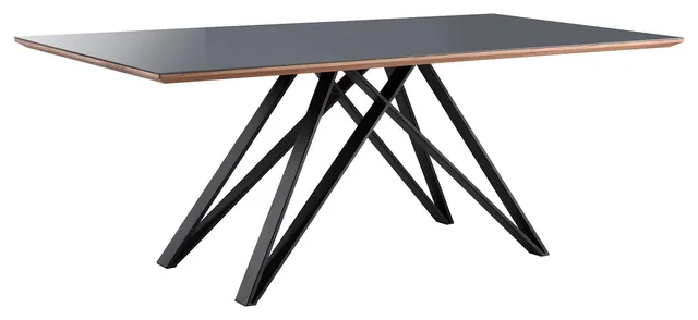 Annecy Mid-Century Dining Table, Matte Black With Walnut & Gray Glass Top
