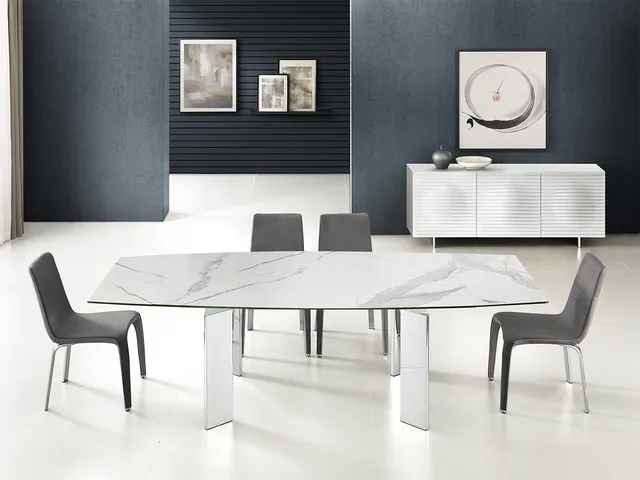 Astor Manual Dining Table with Stainless Base and White Marbled Porcelain Top