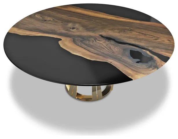 Atalante Walnut Round Table, Black Top & Gold Base, 6 Seater