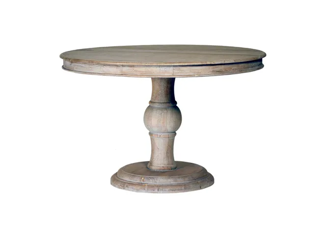 Auturo 47" Round Mango Wood Hand Carved Pedestal Light Wash Finish Dining Table