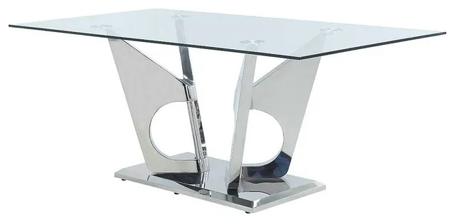 Azriel Dining Table With Pedestal Base, Clear Glass & Mirrored Silver Finish
