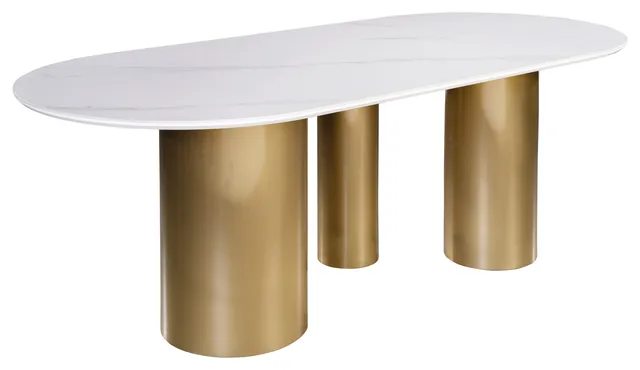 Balmain Stone Top Oval Dining Table for 6, Gold and White