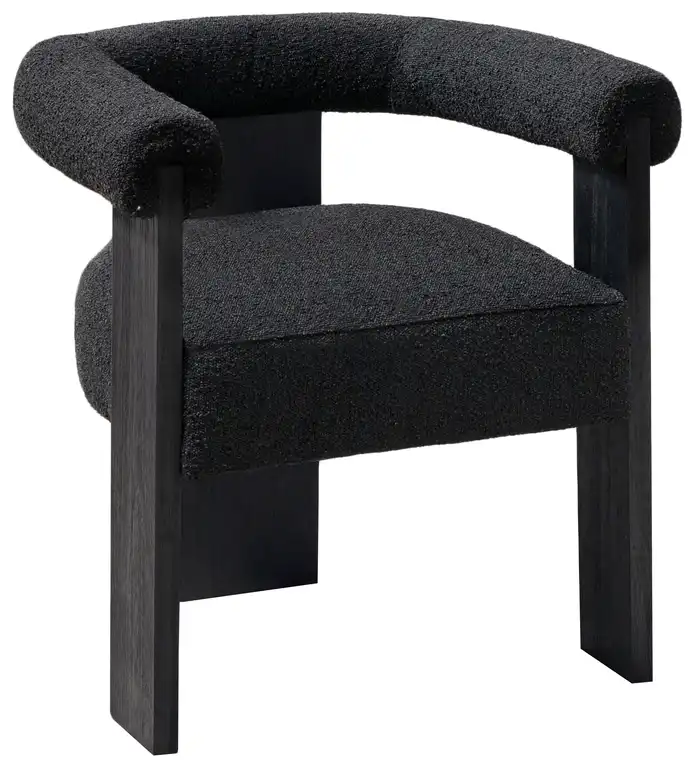 Barrel Boucle Fabric Upholstered Dining Chair, Black, Black Finish