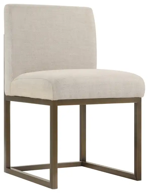 Beige Linen Dining Chair with Cushioned Seat and Bronze Metal Frame