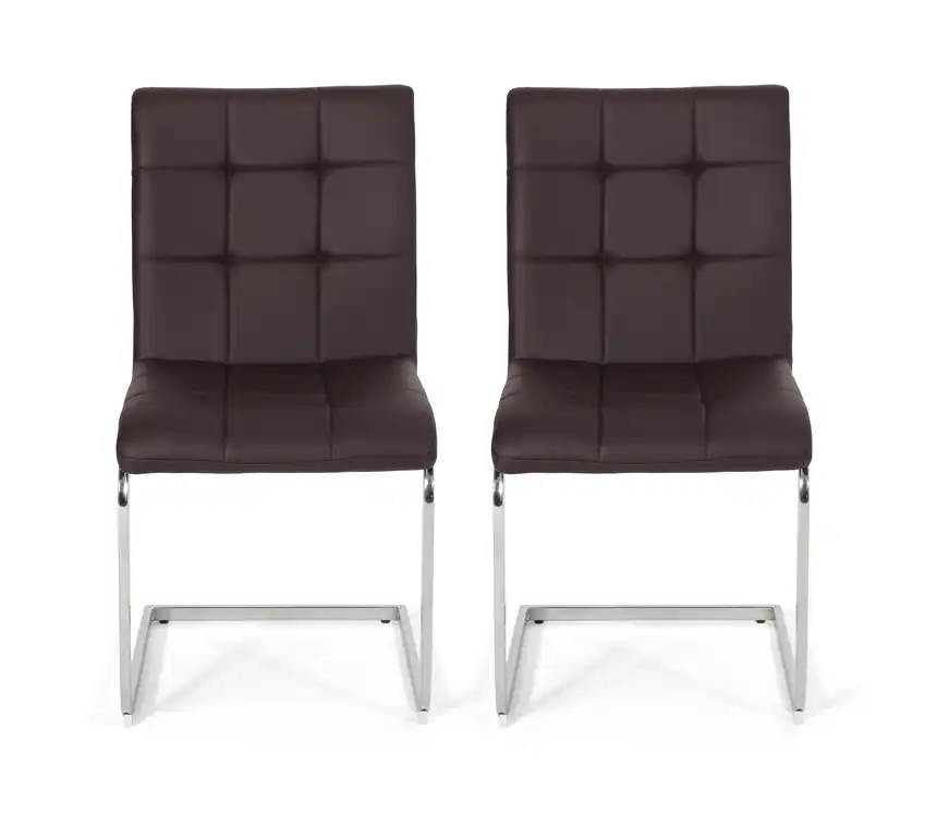 Benner Modern Upholstered Waffle Stitch Dining Chairs (Set of 2), Dark Brown + Chrome