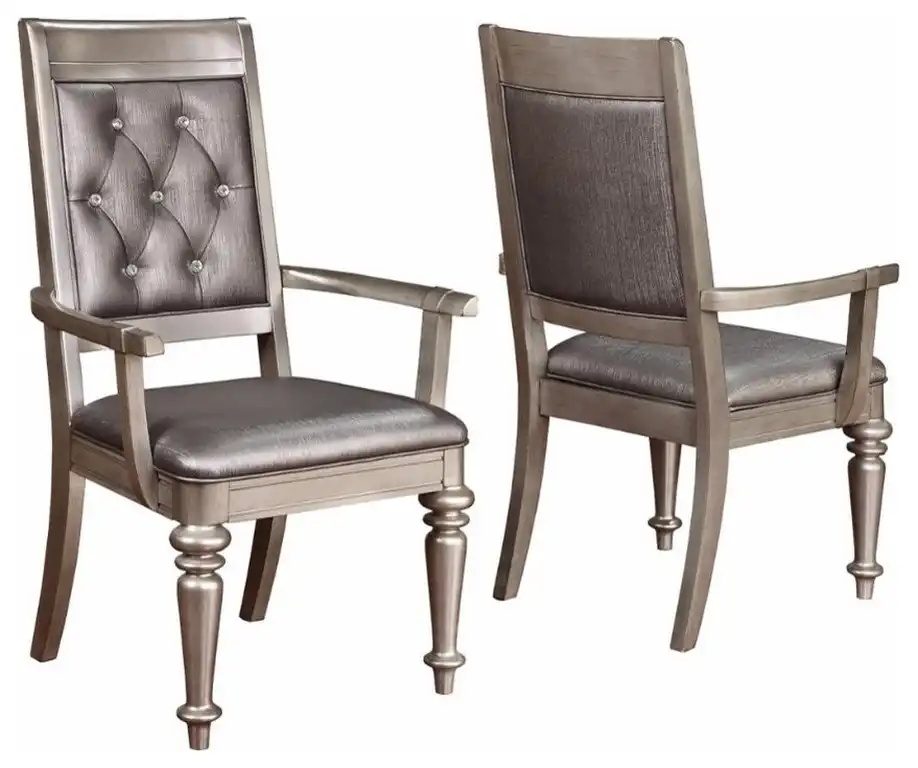 Benzara BM163721 Dining Side Arm Chair With Tufted Back, Gray & Silver, Set of 2
