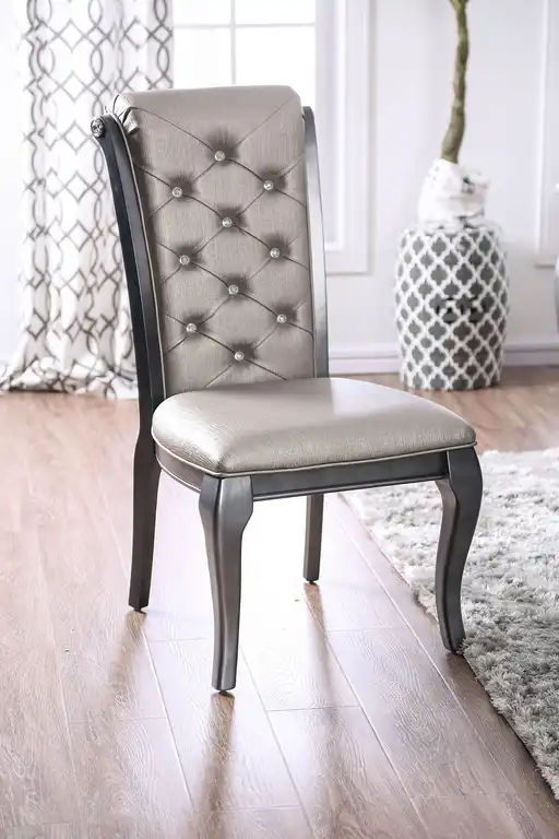 Benzara BM183262 Button Tufted Leather Upholstered Side Chair, Pack of Two, Gray