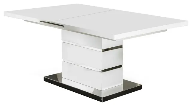Benzara BM207714 Extendable Dining Table With Metal Base, White and Silver