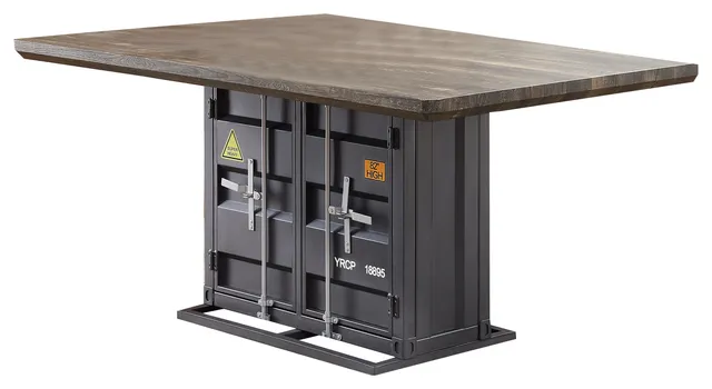 Benzara BM215032 Dining Table With Metal Base and Recessed Panels, White/Gray