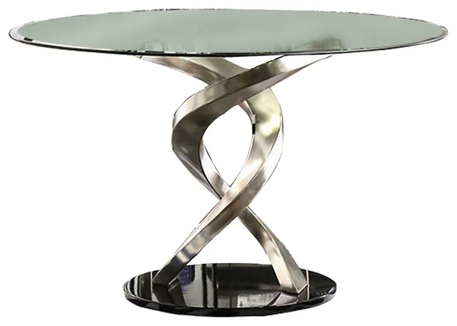 Benzara BM217497 Round Dining Table with Swirl Metal Base, Black and Silver