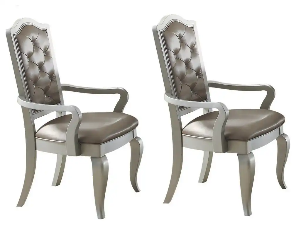 Benzara BM221379 Wooden Arm Chair, Leather Button Tufted Backrest, S/2, Silver