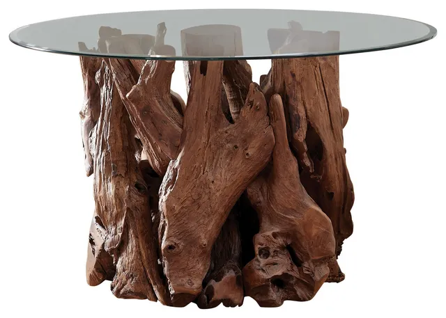 Benzara BM230285 Wooden Tree Bark Design Dining Table Base, Light Brown