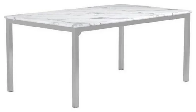 Benzara BM230351 Faux Marble Dining Table With Straight Metal Legs, Gray/White