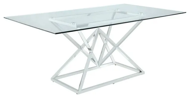 Benzara BM233502 Glass Top Dining Table With Geometric Metal Base, Chrome