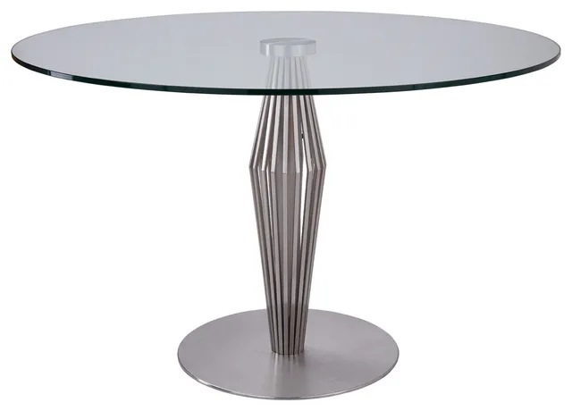Benzara BM237224 Round Glass Top Dining Table, Geometric Pedestal Base, Silver