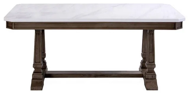 Benzara BM250677 Dining Table With Marble Top and Trestle Base, White and Brown