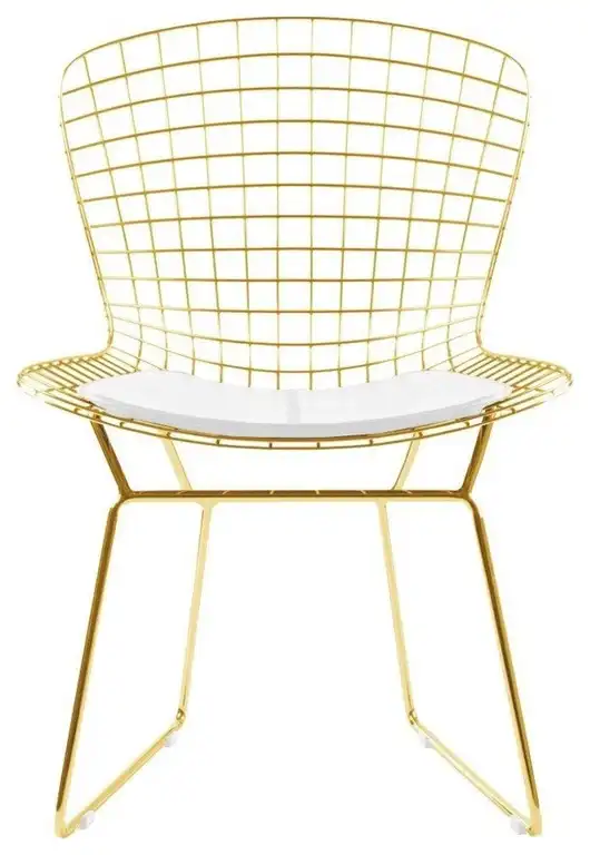 Bertoia Wire Chair Style, Gold, White Cushion, Set of 2