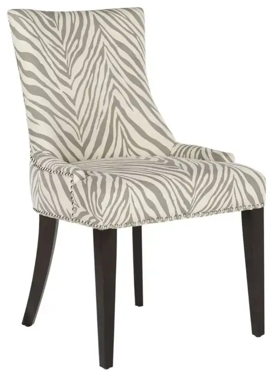 Birch Wood Dining Chair with Linen Upholstery and Nailhead Detailing, Ivory Grey