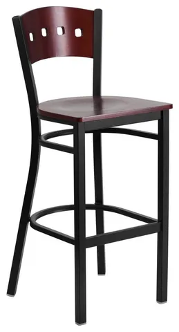 Black 4 Square Back Metal Restaurant Barstool - Mahogany Wood Back & Seat