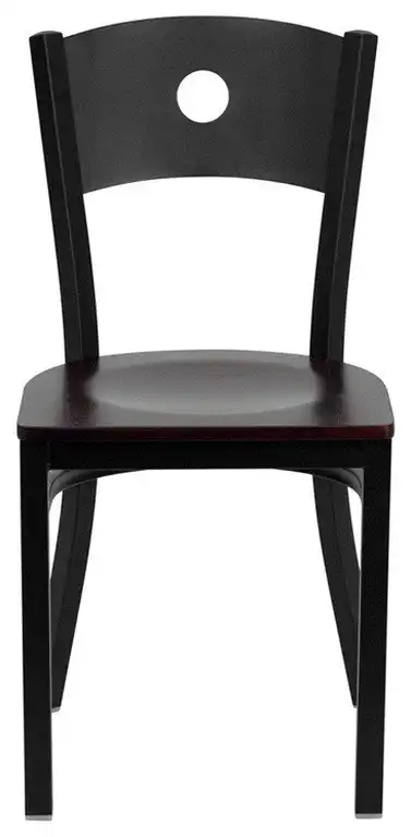Black Circle Back Metal Restaurant Chair, Mahogany Wood Seat