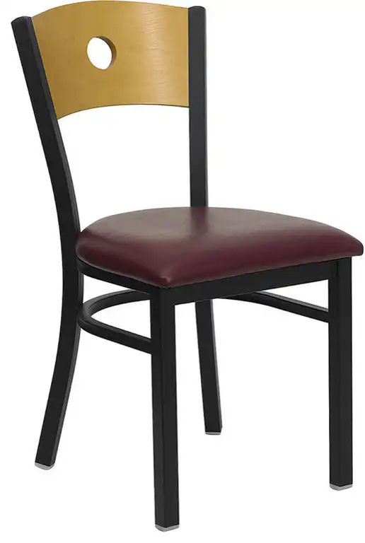 Black Circle Back Metal Restaurant Chair-Natural Wood Back, Burgundy Vinyl Seat