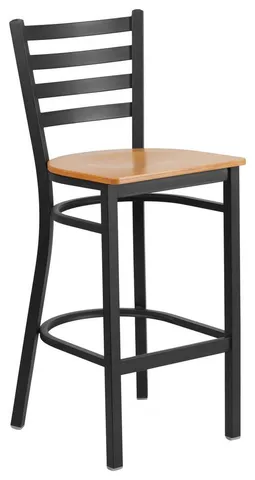 Black Ladder Back Metal Restaurant Barstool - Natural Wood Seat