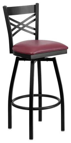 Black ''X'' Back Swivel Metal Barstool - Burgundy Vinyl Seat