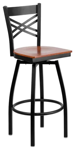 Black ''X'' Back Swivel Metal Barstool - Cherry Wood Seat